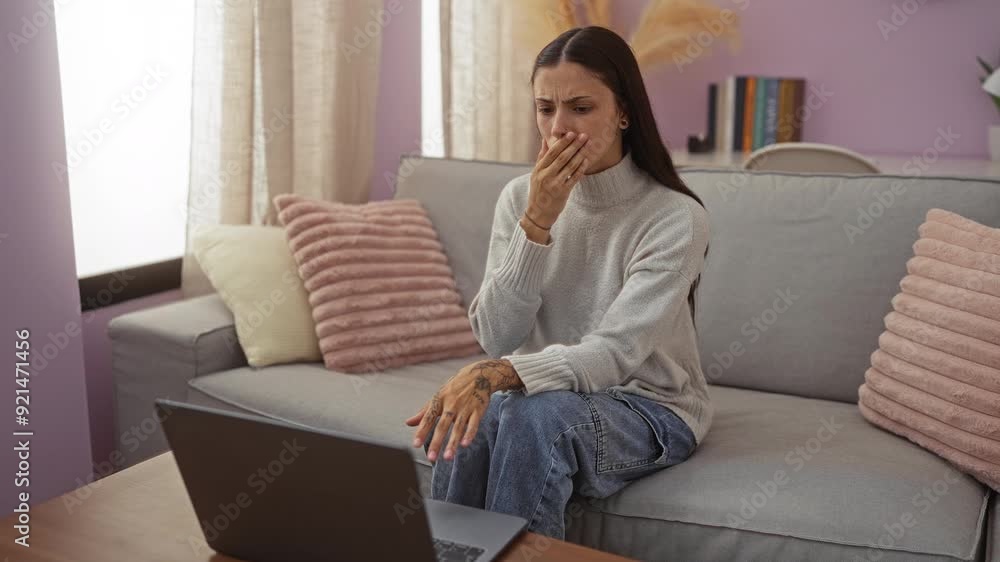 Woman reacting emotionally on a laptop while sitting in a living room filled with cushions and books Woman reacting emotionally on a laptop while sitting in a living room filled with cushions and books