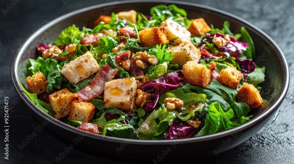 A black bowl filled with a salad of greens, nuts, and bread crumbs. A black bowl filled with a salad of greens, nuts, and bread crumbs.
