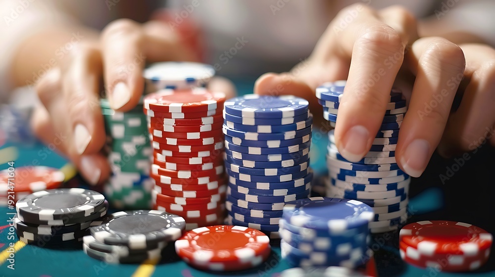 Closeup of Hands Stacking Casino Chips on a Green Felt Table Closeup of Hands Stacking Casino Chips on a Green Felt Table