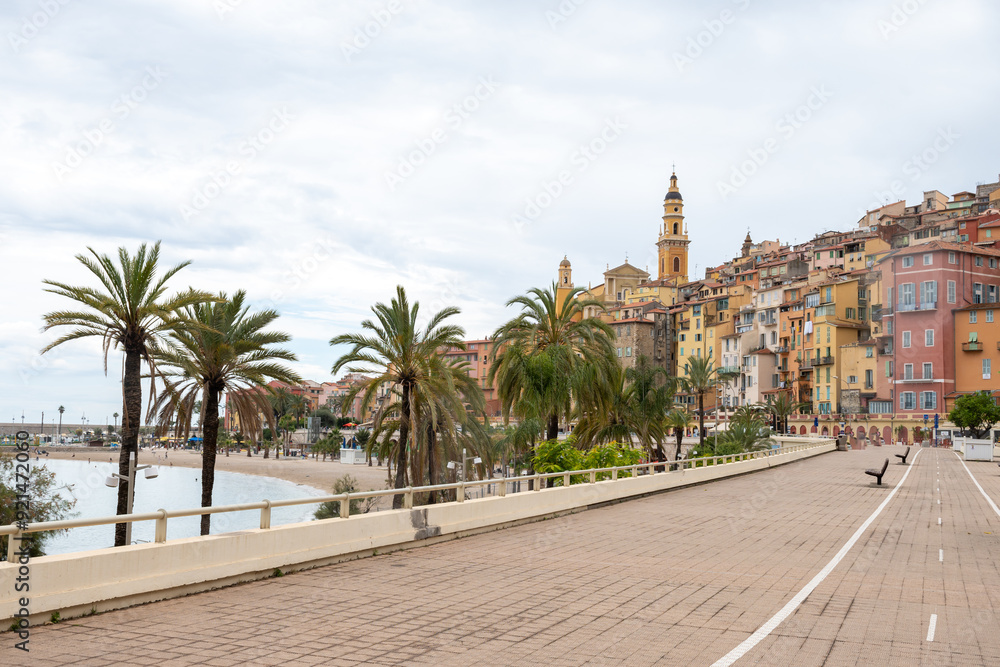 View on French Riviera, colorful Menton old city and marina on blue Mediterranean Sea near French-Italian border, travel destination, panoramic view from above View on French Riviera, colorful Menton old city and marina on blue Mediterranean Sea near French-Italian border, travel destination, panoramic view from above