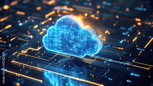 Digital technology cloud concept with glowing light particles and blue sky background