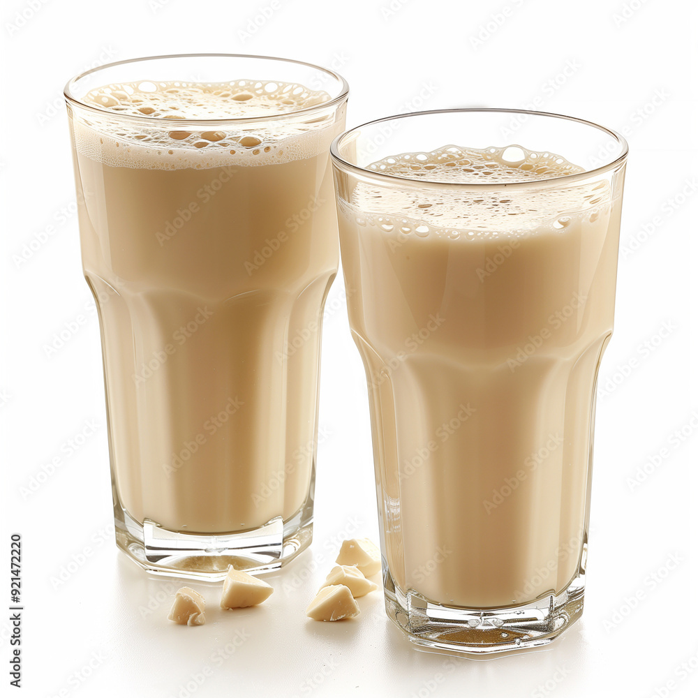 Two glasses of almond milk isolated on white background. Two glasses of almond milk isolated on white background.