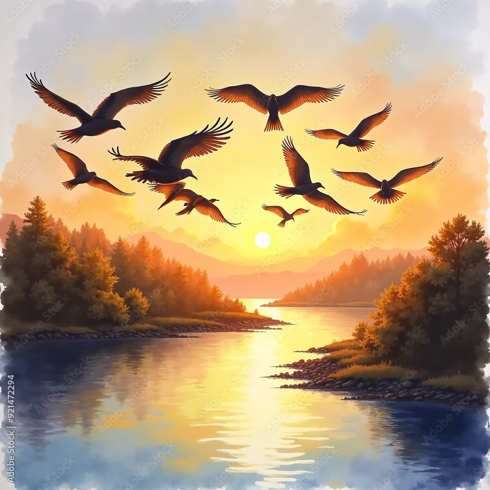 A watercolor painting of a flock of birds soaring over a river at ...