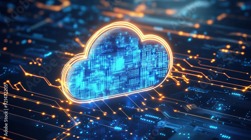 Digital technology cloud concept with glowing light particles and blue sky background