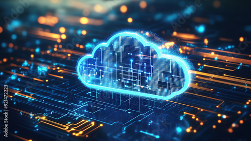 Digital technology cloud concept with glowing light particles and blue sky background