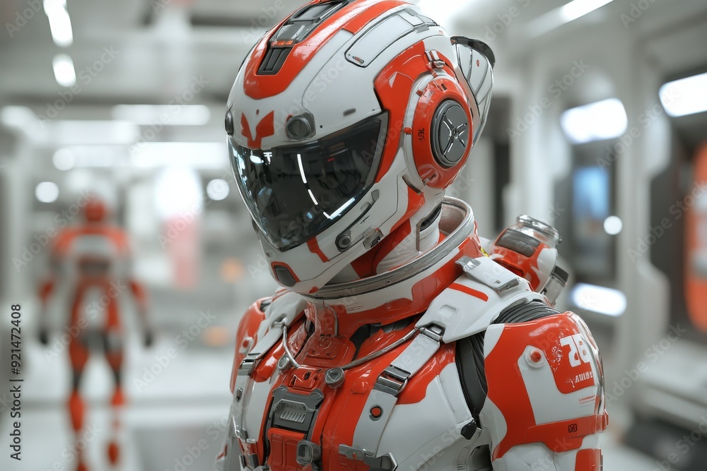 White and red humanoid robot in a dynamic pose symbolizing agility and precision in robotics White and red humanoid robot in a dynamic pose symbolizing agility and precision in robotics