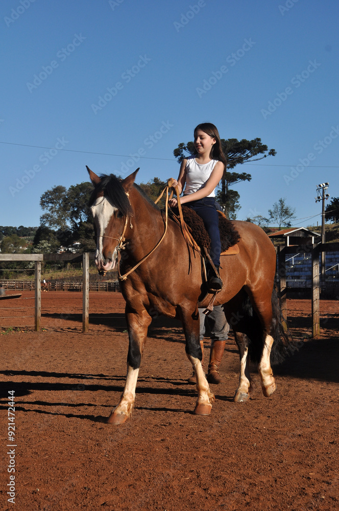 menina vaqueira cavalgando com cavalo marrom menina vaqueira cavalgando com cavalo marrom