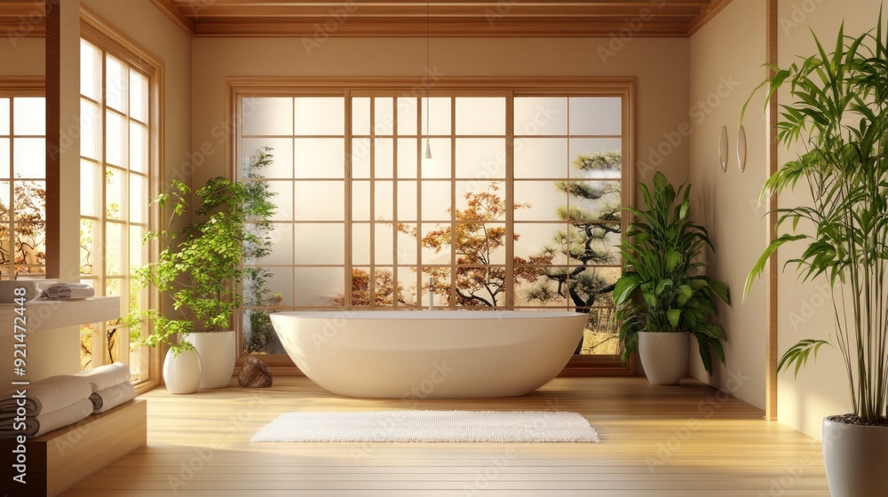 Fototapeta premium Modern bathroom with bathtub, wood floor, and large window with view of trees.