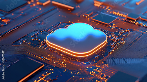 3D rendering of blue cloud icon on circuit board with chip and micro belts