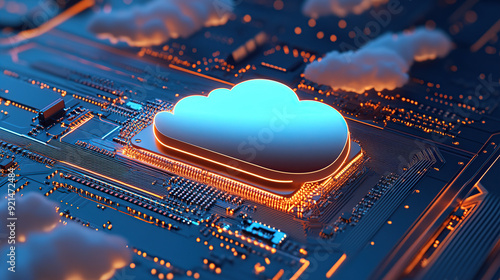 3D rendering of blue cloud icon on circuit board with chip and micro belts