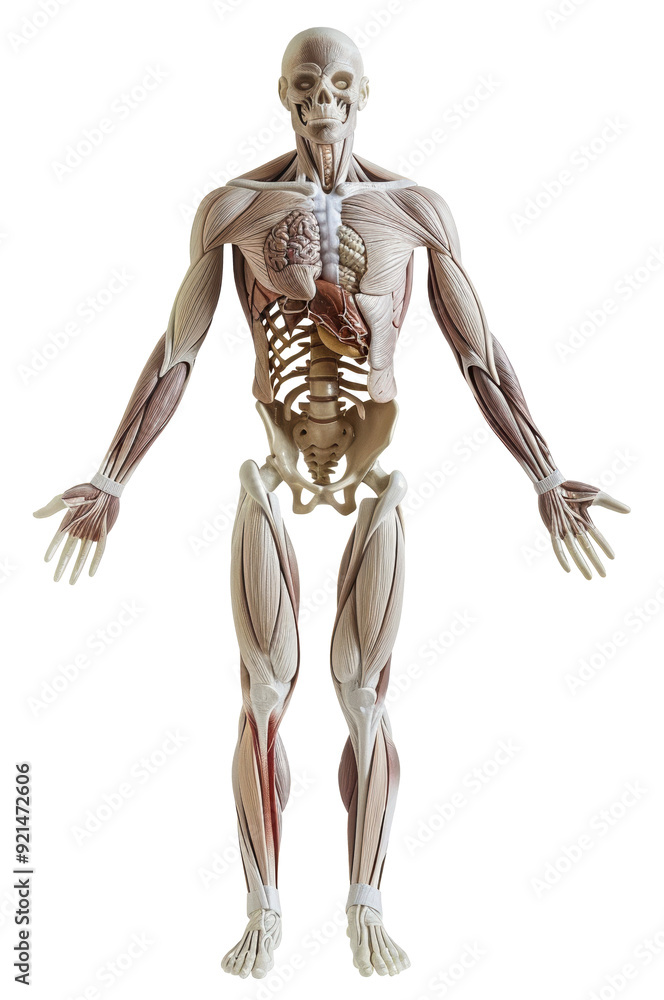 Realistic anatomical model showing human muscles isolated on transparent background Realistic anatomical model showing human muscles isolated on transparent background