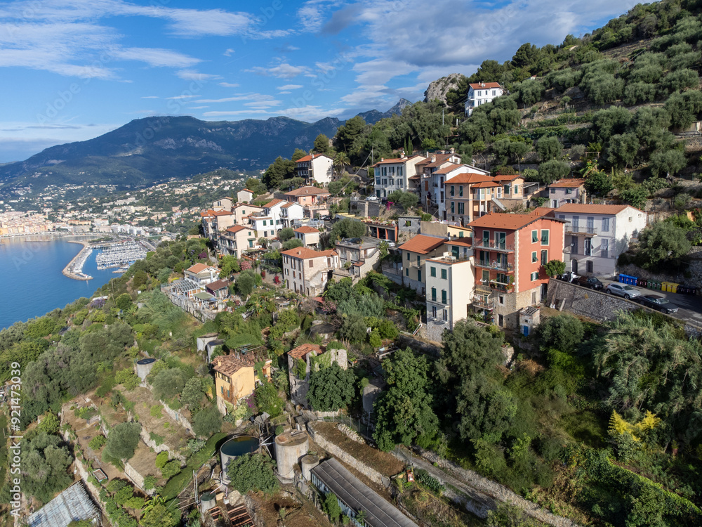Obraz premium Colourful view on Italian Riviera and blue Mediterranean Sea from French-Italian border in Grimaldi village, Ventimiglia near San-Remo, travel destination, panoramic view