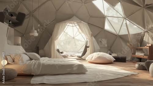 White bed and fluffy rug in a modern geodesic dome house. photo