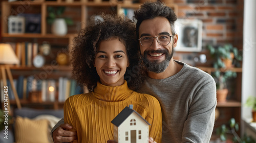 Happy Couple Holding Model House. A smiling couple holding a model house in their cozy home, symbolizing new homeownership and family life.