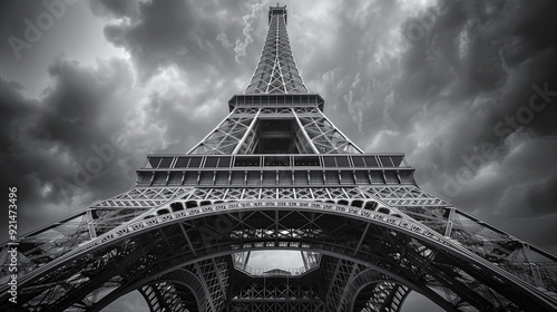 Eiffel Tower in Black and White Perspective.  Dramatic black and white photograph of the Eiffel Tower captured from a low-angle perspective with cloudy skies.