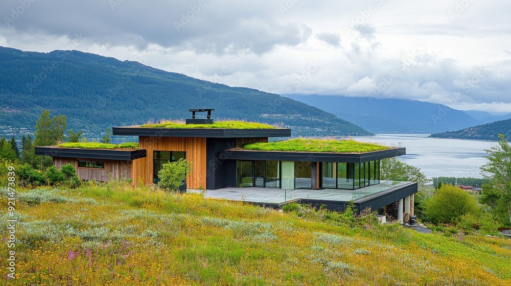 Modern green roof home with panoramic views of mountains and a lake. Modern green roof home with panoramic views of mountains and a lake.