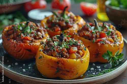 Stuffed Peppers with Ground Beef, Tomatoes, and Onions