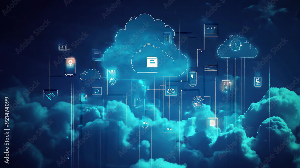 A cloud with various digital icons floating above it A cloud with various digital icons floating above it