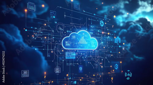 A cloud with various digital icons floating above it