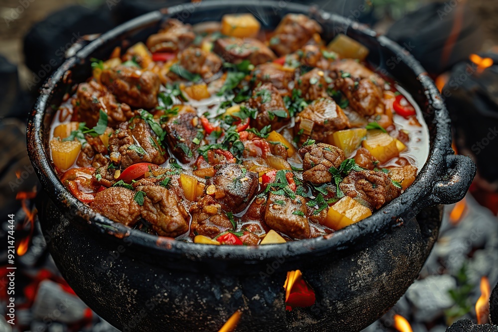Closeup of Beef Stew Cooking Over Campfire Closeup of Beef Stew Cooking Over Campfire