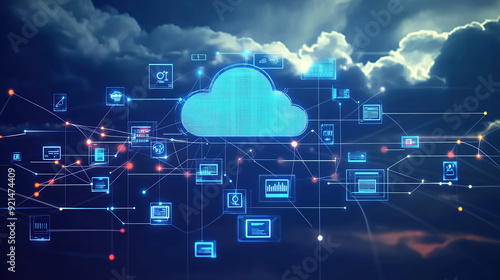 A cloud with various digital icons floating above it