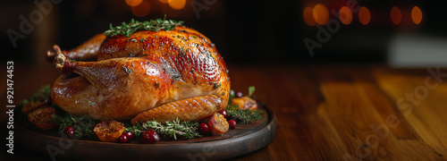 Thanksgiving turkey on a plate. roast chicken with garnish on a plate. Fall thanksgiving table with roasting chicken or turkey food on black background