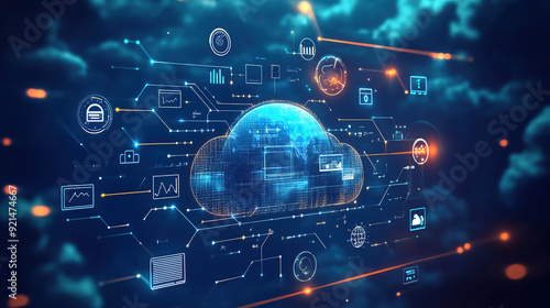 A cloud with various digital icons floating above it