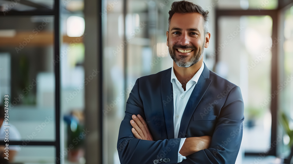 Confident Businessman: Businessman standing confidently with his arms folded, smiling Confident Businessman: Businessman standing confidently with his arms folded, smiling