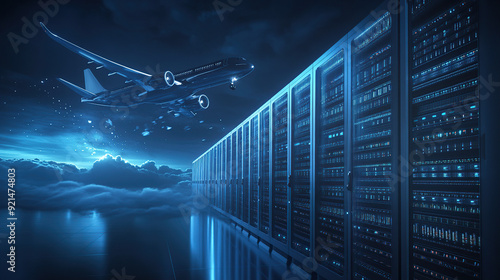 digital air flight background with airplane flying over dark blue digital clouds and computer server rack in data center