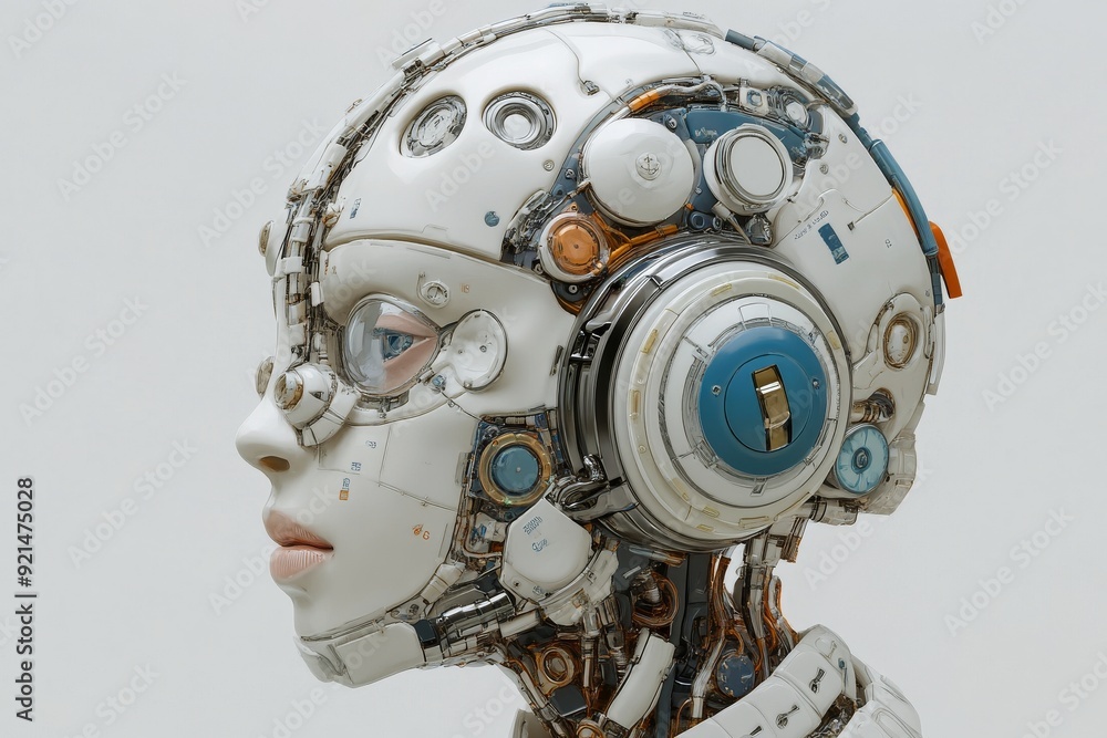 Robotic Head Decorated with Gears and Antique Clock Parts on Vintage Background Robotic Head Decorated with Gears and Antique Clock Parts on Vintage Background