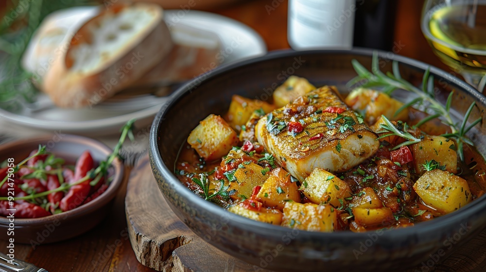 Close Up of Delicious Fish Stew with Potatoes and Herbs Close Up of Delicious Fish Stew with Potatoes and Herbs