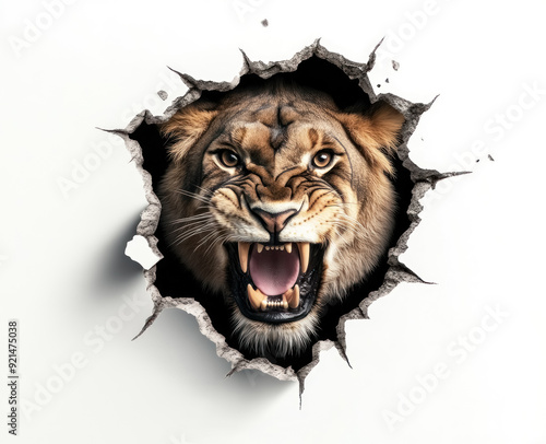 Fototapeta Naklejka Na Ścianę i Meble -  ferocious lion breaking through the wall in stunning 3d artwork