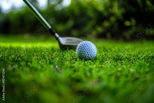 A golfer prepares to swing an iron club at a white golf ball on a lush green fairway in the early morning light photo