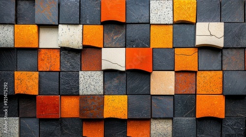 A high-resolution image of a complex mosaic tile design with an emphasis on the unique texture and structural arrangement, showcasing a harmonious mix of materials and colors photo