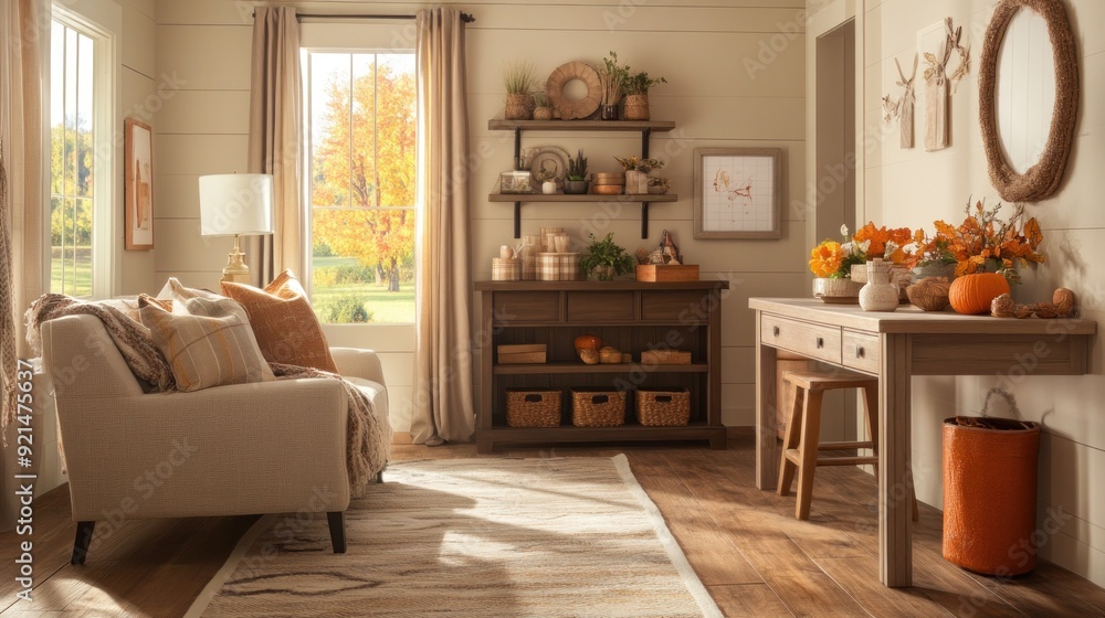 Fototapeta premium Cozy living room with a couch, a rug, a side table and a window overlooking fall foliage.
