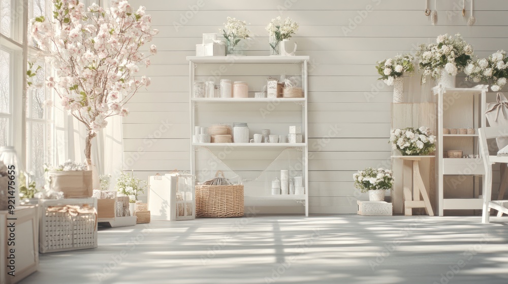 White interior with a bookshelf, wicker basket, white flowers, and a wooden chair in sunlight. White interior with a bookshelf, wicker basket, white flowers, and a wooden chair in sunlight.