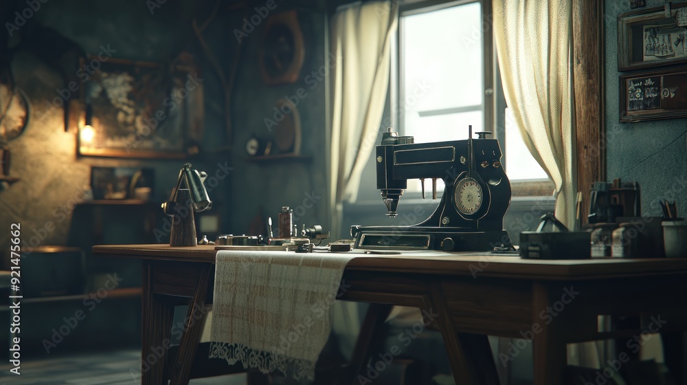Antique sewing machine on a wooden table in a vintage room with a window and curtains. Antique sewing machine on a wooden table in a vintage room with a window and curtains.