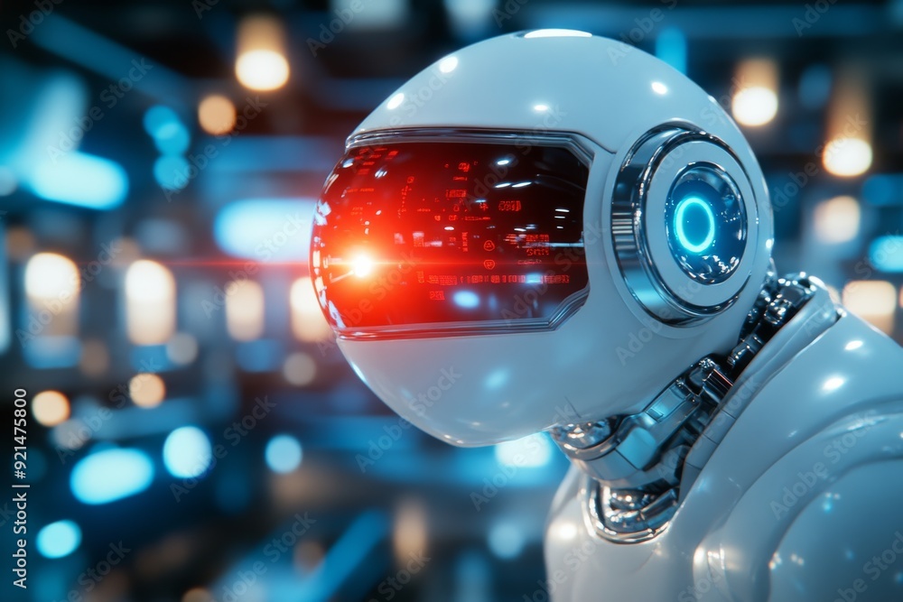 Fototapeta premium Robot with Futuristic Helmet and Illuminated Face in a High Tech Laboratory