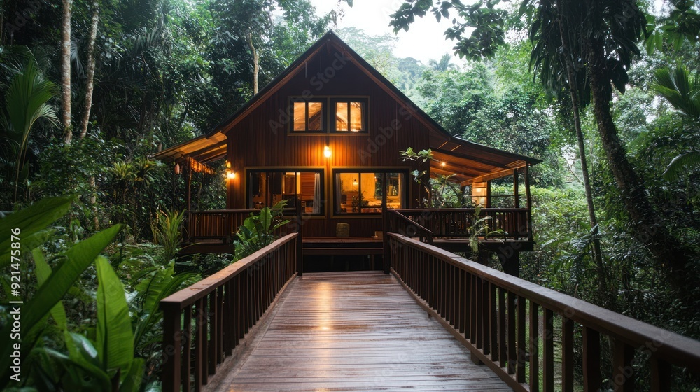 Wooden cabin nestled in lush green rainforest with a wooden walkway leading to the front door. Wooden cabin nestled in lush green rainforest with a wooden walkway leading to the front door.