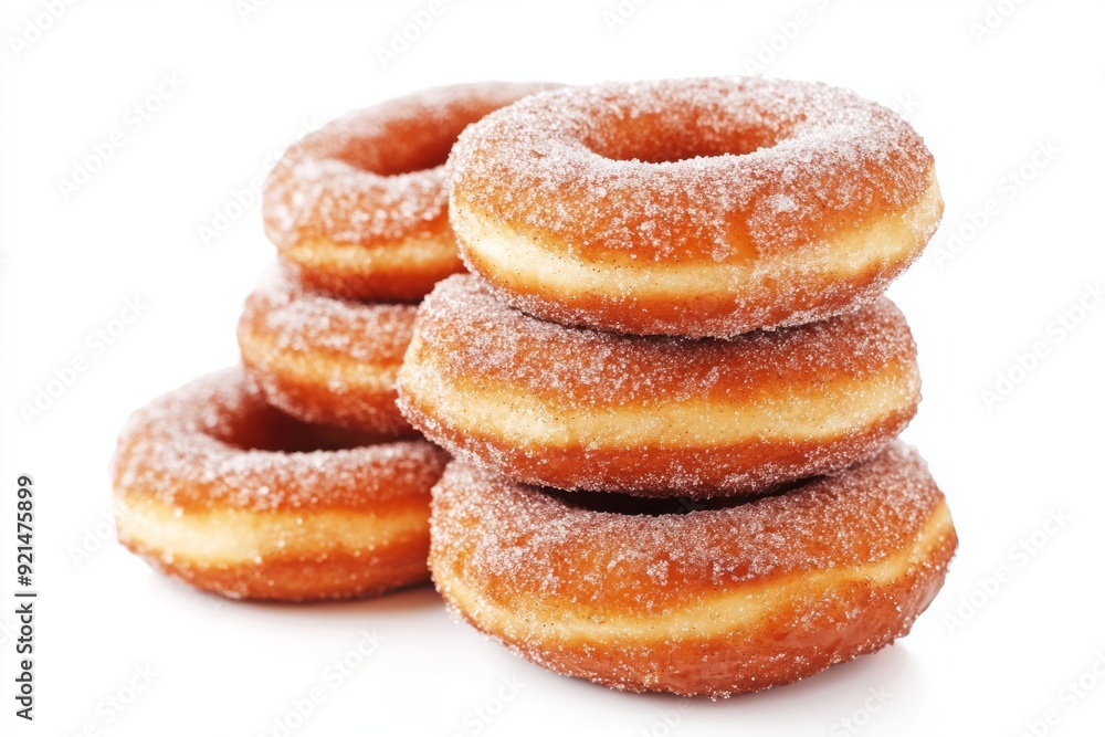 Freshly made sugar-coated donuts stacked on a white background Freshly made sugar-coated donuts stacked on a white background