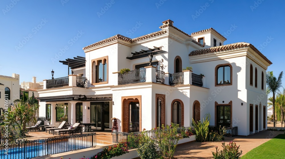 A Mediterranean-style villa with a swimming pool and lush landscaping. A Mediterranean-style villa with a swimming pool and lush landscaping.