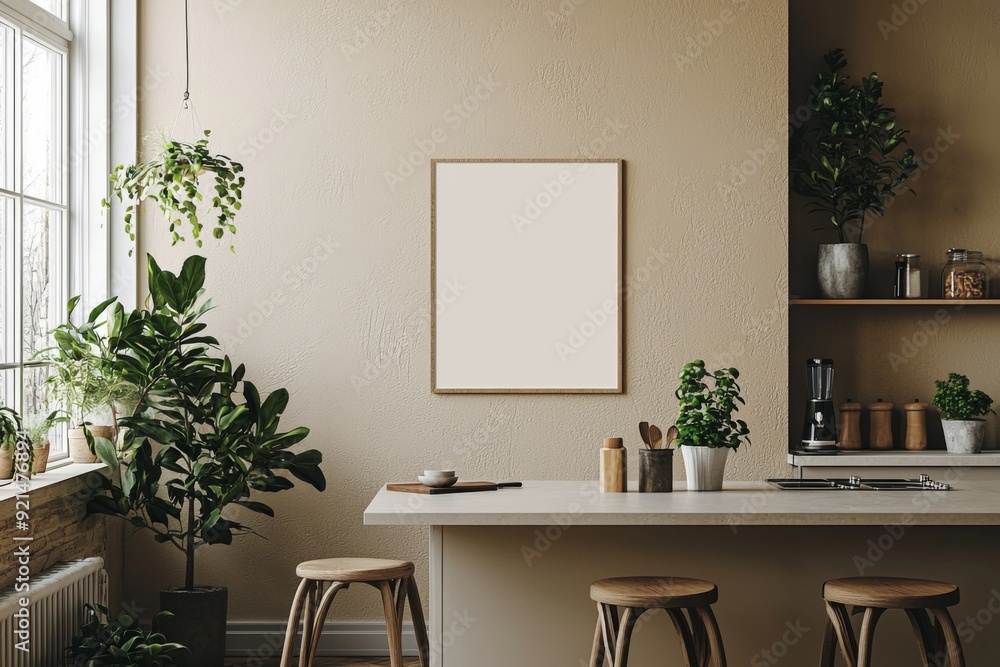 Fototapeta premium Minimalist Kitchen interior with Poster Mockup created with Generative AI