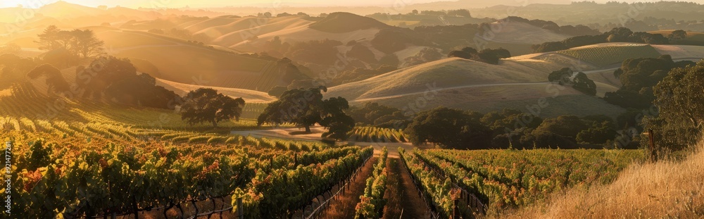Naklejka premium Rolling Hills and Vineyards at Sunset