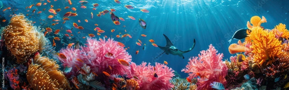 Fototapeta premium Manta Ray Swimming Over Vibrant Coral Reef with Sunbeams