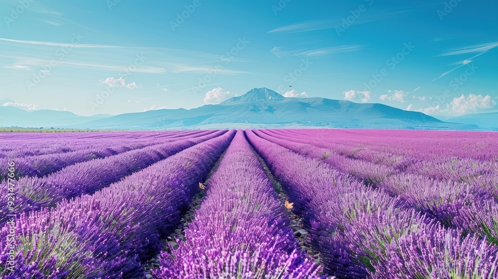 Lavender Fields Under a Blue Sky with Mountains in the Background Lavender Fields Under a Blue Sky with Mountains in the Background