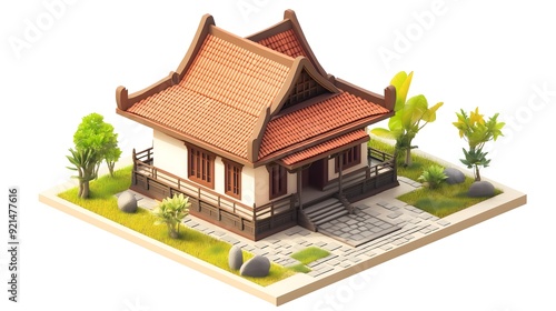 3d rendering isometrics model of a Javanese traditional house, 3d model rumah adat jawa photo