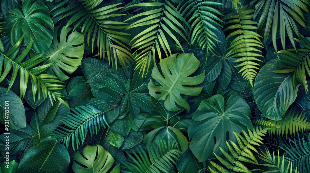 Various tropical leaves create a vibrant and lush greenery with intricate textures and shapes Various tropical leaves create a vibrant and lush greenery with intricate textures and shapes