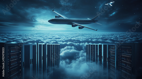 digital air flight background with airplane flying over dark blue digital clouds and computer server rack in data center