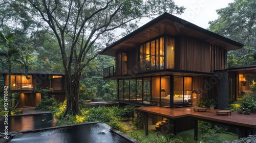 Modern wooden house with a pool in the rainforest.