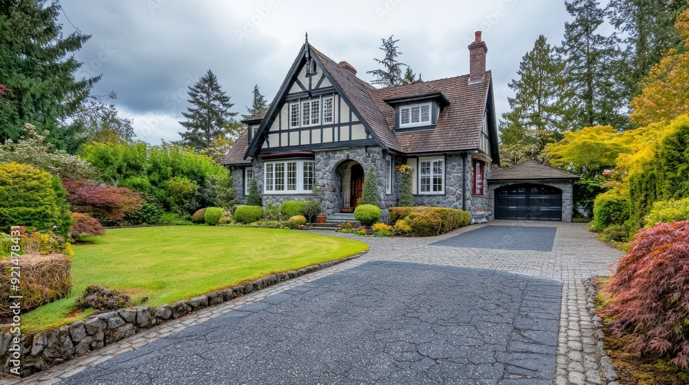 A beautiful stone house with a long driveway and manicured lawn. A beautiful stone house with a long driveway and manicured lawn.
